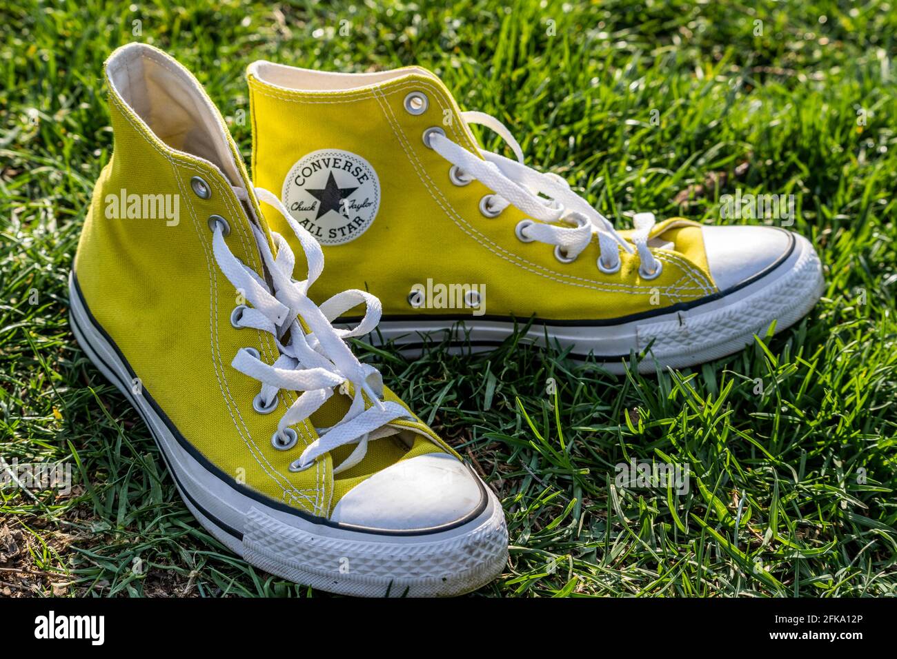 Gelber Chuck Taylor Converse All-Star Sneaker auf grünem Gras in Feder  Stockfotografie - Alamy