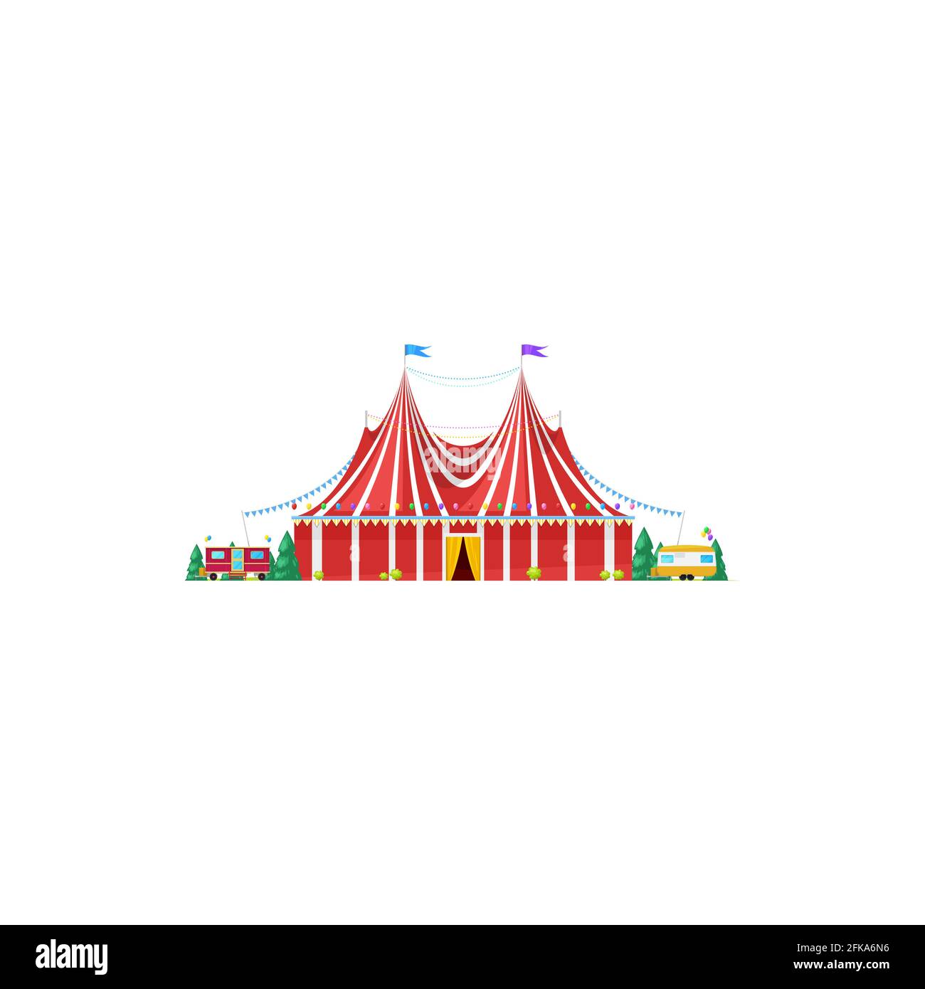 Shapito Wanderzirkuszelt isoliert gestreifte Markise Ikone. Vector Wanderant Big Top Zirkus, Fassade der Unterhaltung Gebäude mit Fahnen geschmückt. Trai Stock Vektor