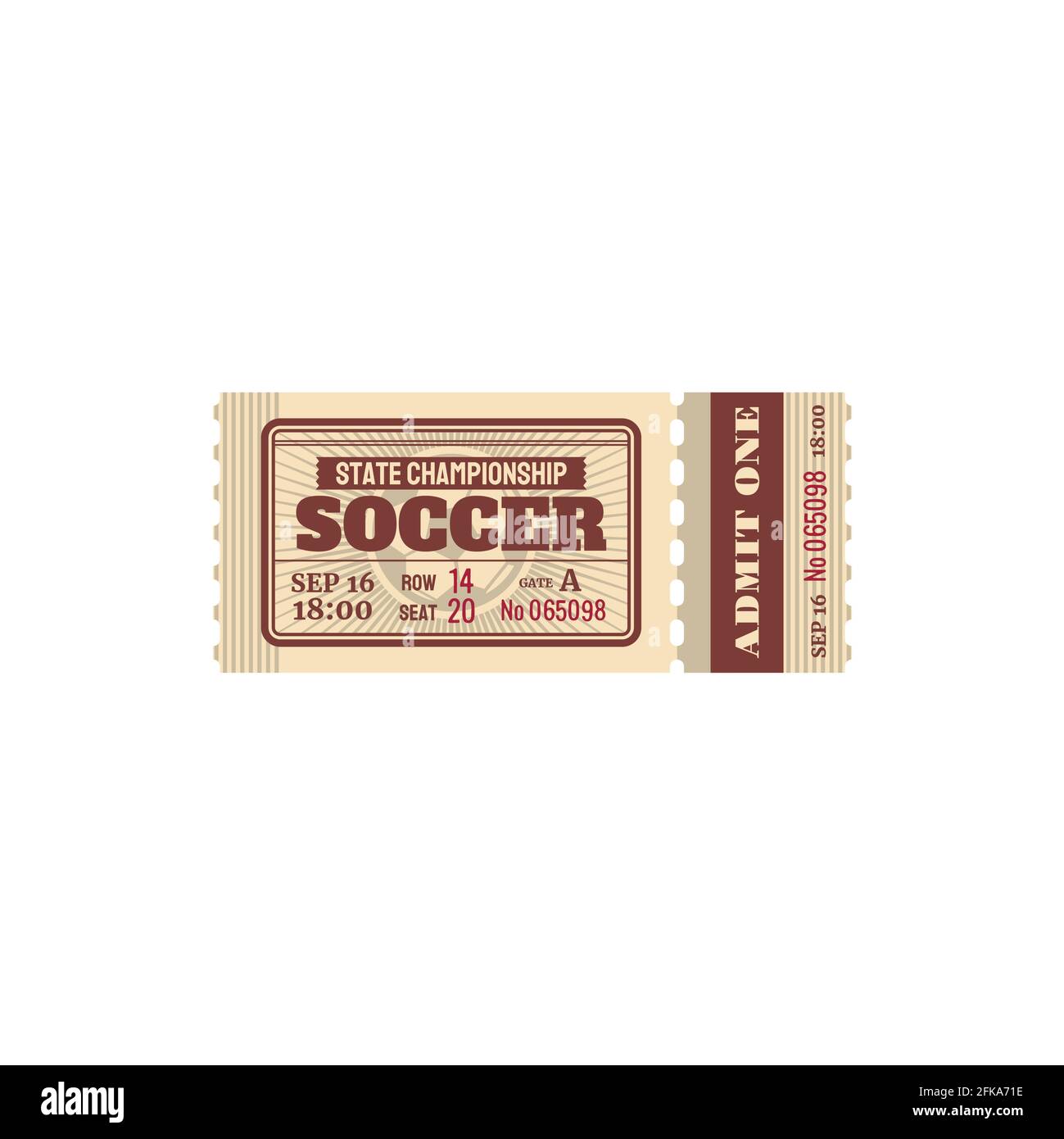 Ticket für Fußball-Staatsmeisterschaft, Fußball-Spiel Vektorkarte mit Preis, Sitz und Gate-Nummer. Team-Match, Retro vintage Ticket Vorlage mit Perfo Stock Vektor