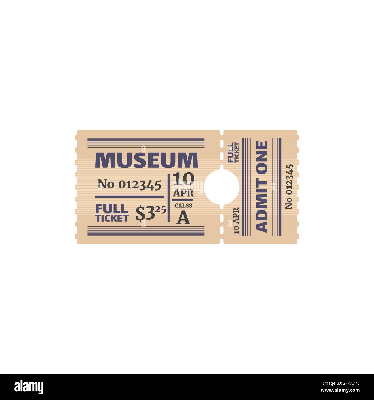 Retro-Vollticket für eine isolierte Museumskarte mit Preis, Datum und Klasse. Gutschein für Vector-Verlosung, Gutschein für einen Ausflug oder eine Ausstellung. Admissi Stock Vektor