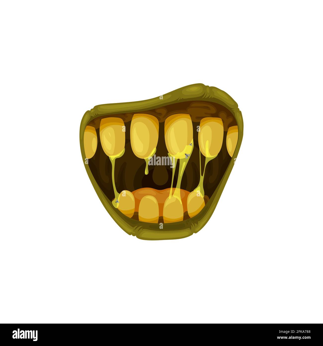 Monster Mund Vektor-Symbol, gruselige Zombie oder Alien brüllen Kiefer mit gelben Zähnen mit klebrigen Speichel und grünen Lippen, Halloween Kreatur brüllenden Mund isola Stock Vektor