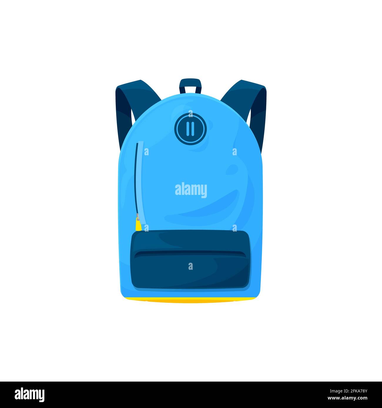 Kinder Schultasche isoliert Vektor-Symbol, Cartoon-Schüler Rucksack in blauer Farbe mit Einstecktasche und Reißverschluss-Schlösser. Wanderrucksack, touristischer Rucksack oder sch Stock Vektor