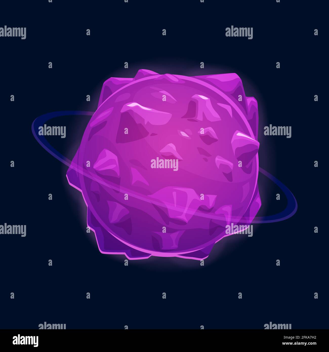 Der Asteroid oder Meteor, der Fantasy-Planet Alien World isolierte Cartoon-Ikone. Vector lila fantastische Mystery Rock im Universum, kosmischen rotierenden Körper. Imaginar Stock Vektor