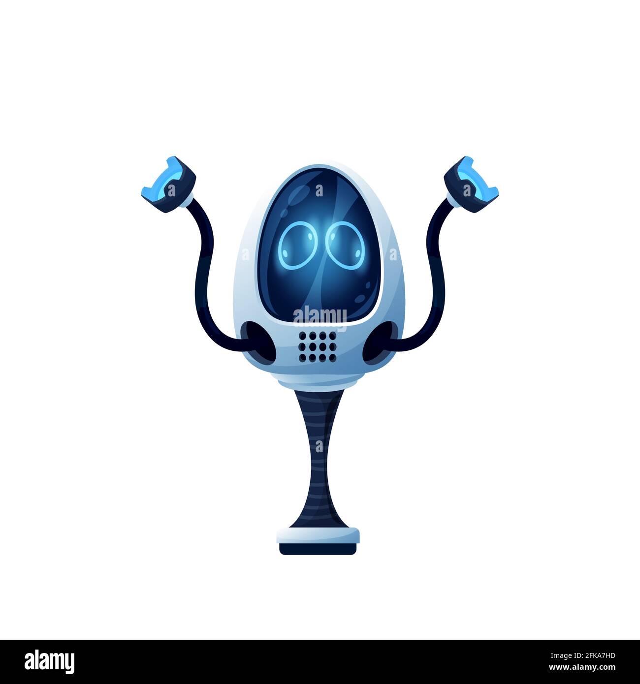 Elektronische android-Automatisierung, Cyberpunk Herstellung Cyborg isoliert Symbol. Vektor-Roboter mit Händen auf dem Ständer, Charakter mit flexiblen Armen. Vektor-Ro Stock Vektor