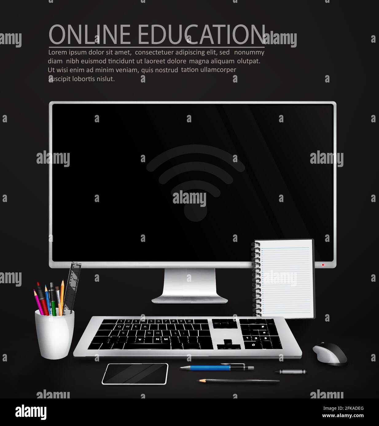 Online-Bildung Vektor Hintergrund-Design. Online-Schulungstext mit Monitor, Tastatur und Mausgerät für die E-Learning-Kurse von Studenten zu Hause. Stock Vektor