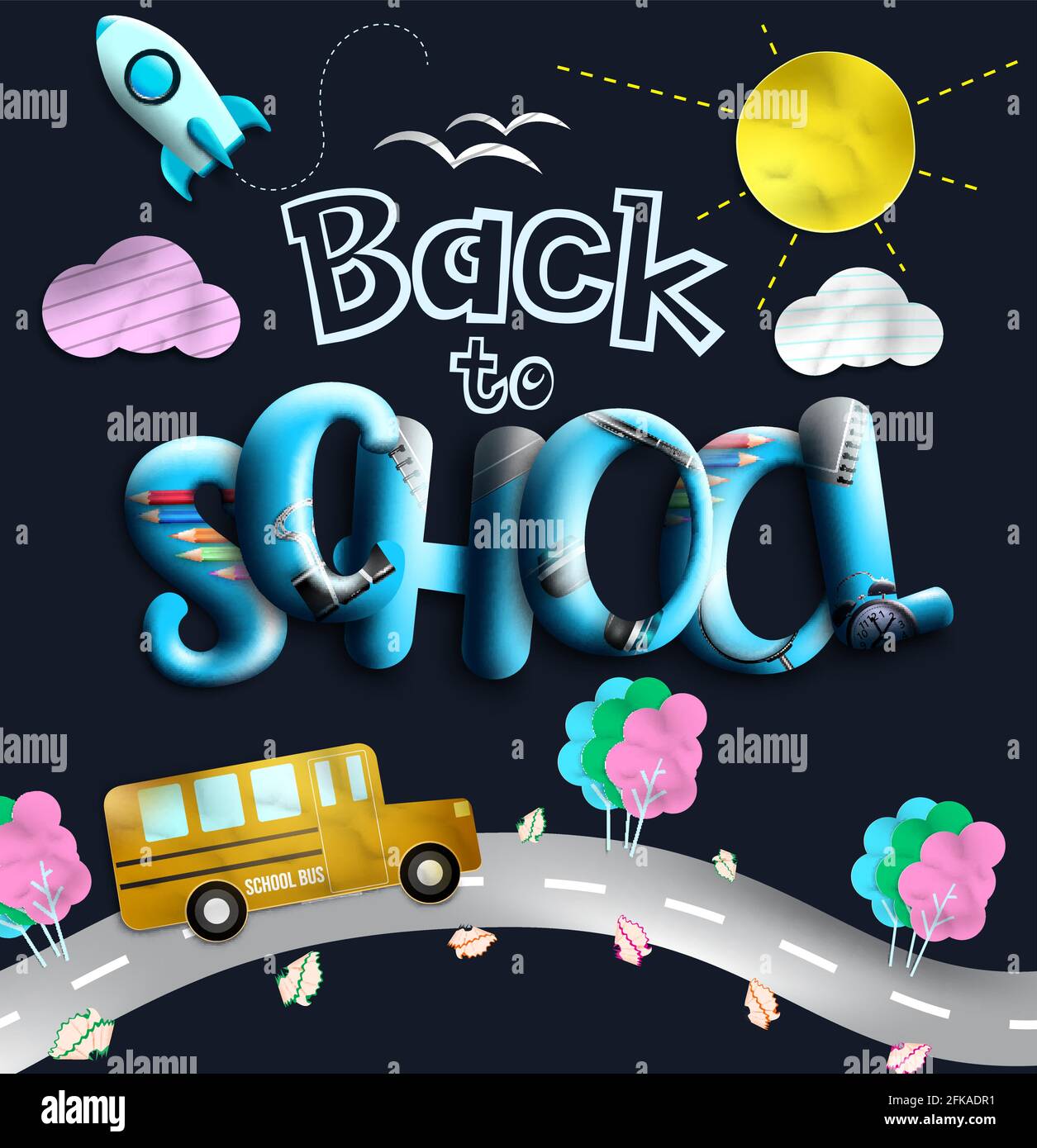 Back to School Vektor Banner Design. Zurück zum Schultext mit Papierkunst Dekoration wie Schulbus, Baum und Sonne für kreative Schüler Bildung. Stock Vektor