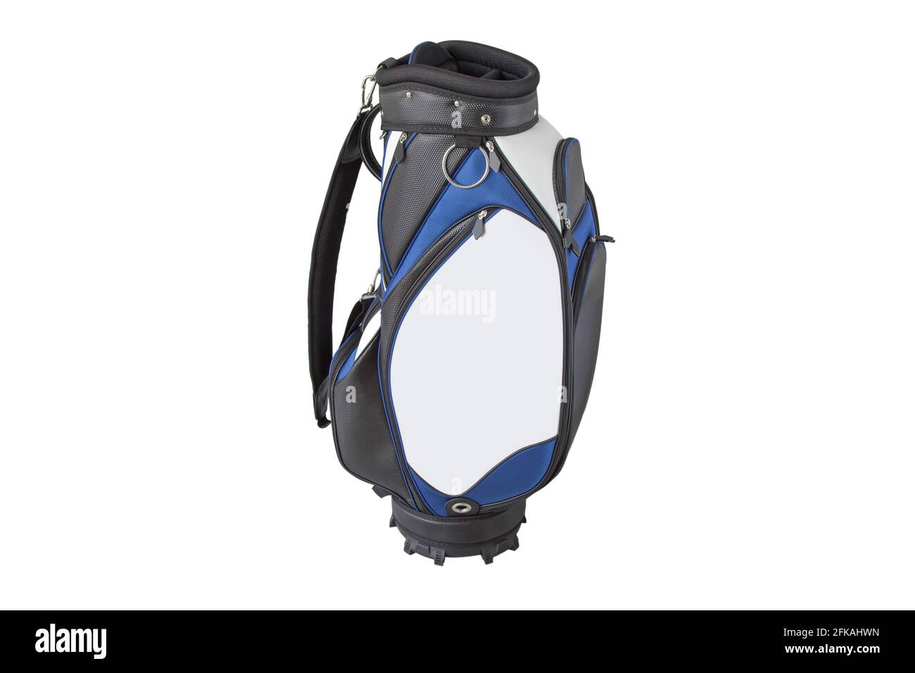 Vorderansicht einer Golftasche mit mehreren Taschen in Blau Weiß schwarz mit Schnellverschluss-Schulterriemen isoliert auf weiß Hintergrund Stockfoto