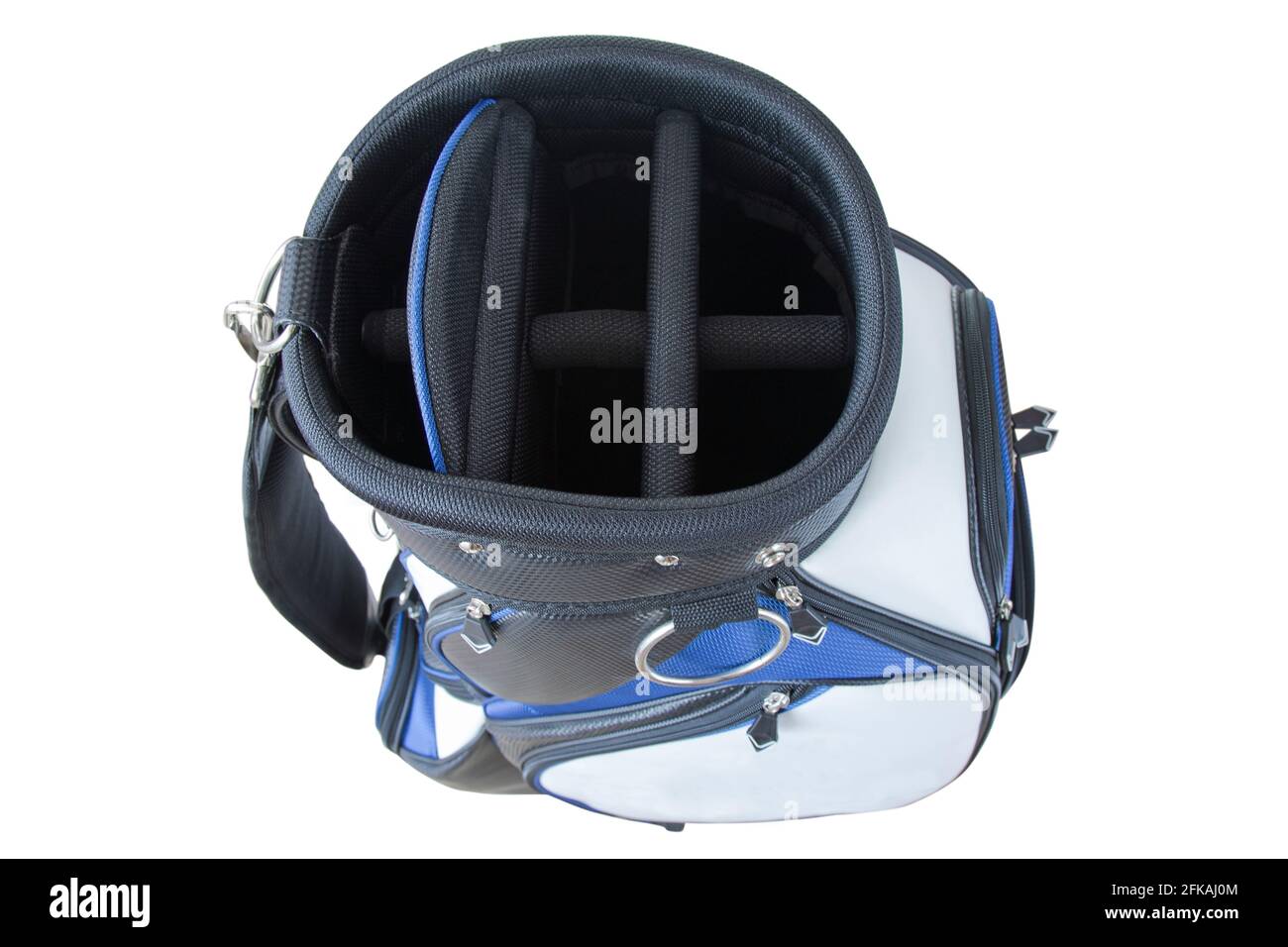 Draufsicht auf eine Golftasche mit mehreren Taschen in Blau Weiß schwarz mit Schnellverschluss-Schulterriemen isoliert auf weiß Hintergrund Stockfoto