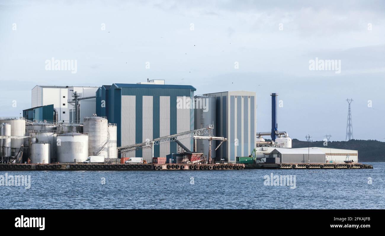 Norwegische Fischfabrik, Industriegebäude und Tanks stehen auf einer Meeresküste. Bergen, Norwegen Stockfoto