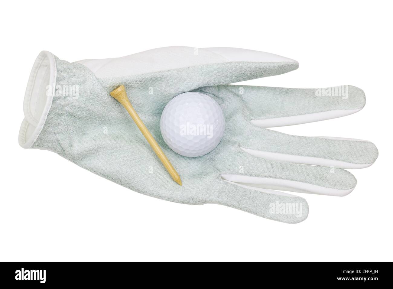 Weißer Golfhandschuh aus synthetischer Mikrofaser mit Golfball und Bambus-Golf-T-Shirt auf weißem Hintergrund Stockfoto