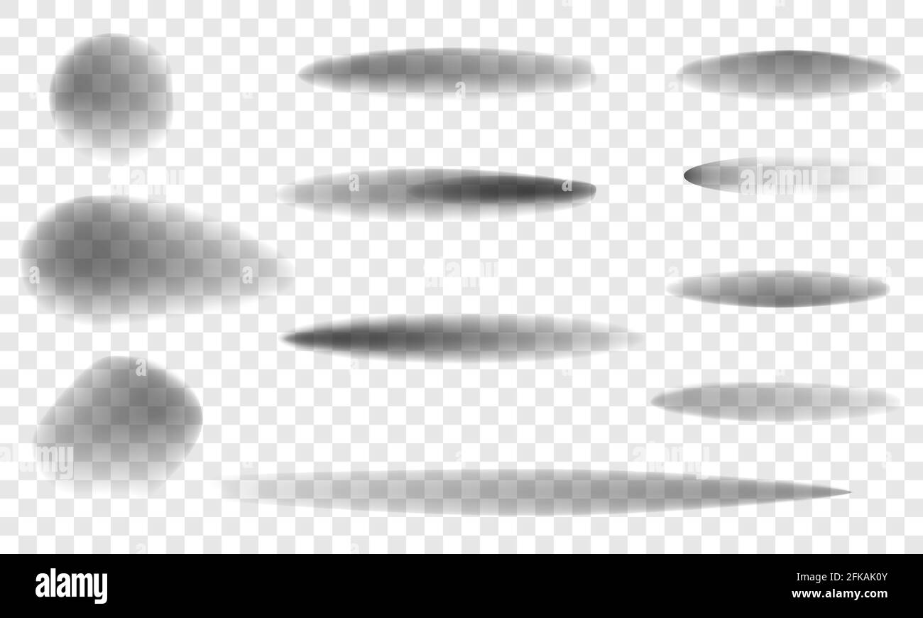 Realistischer Schatten mit weichen Kanten. Graue runde und ovale Schatten isoliert auf transparentem Hintergrund Stock Vektor