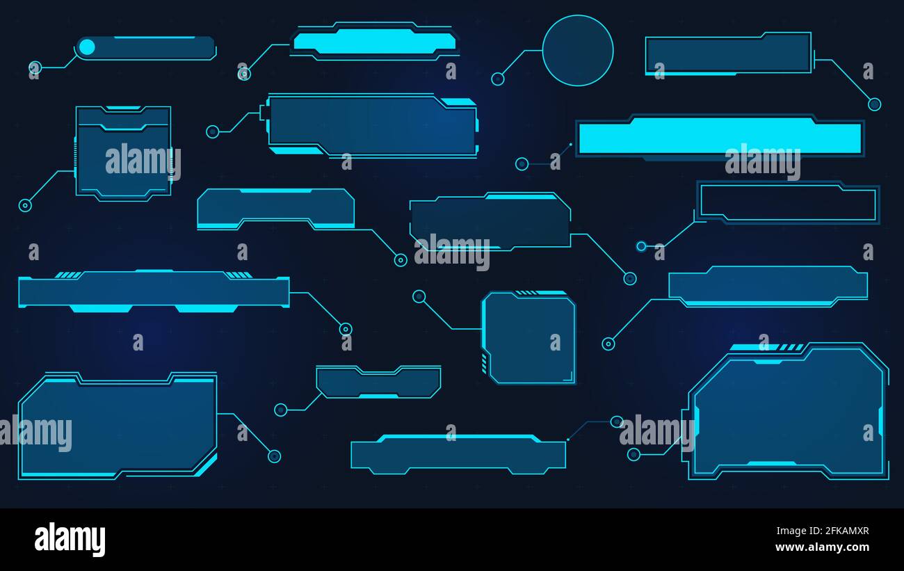 Futuristische Beschriftungen. Virtuelles Sci Fi-Textfeld für HUD. Technische Hologramm-Datenrahmen. Cyber-UI-Aufrufe. Vektorsatz für digitales Layoutelement Stock Vektor