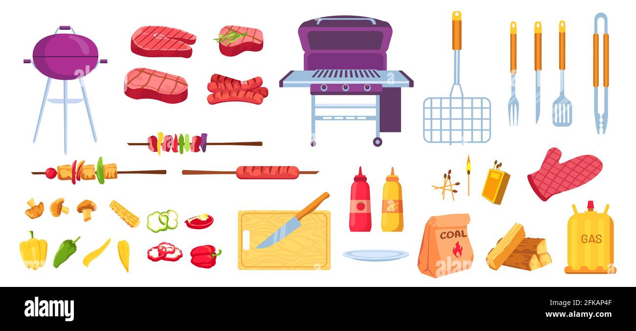 Cartoon Grill und Grill. Gegrilltes Fleisch, Würstchen und Gemüse. Kochwerkzeuge, Gitter, Messer und Spieß. BBQ Picknick Party Vektor-Set Stock Vektor