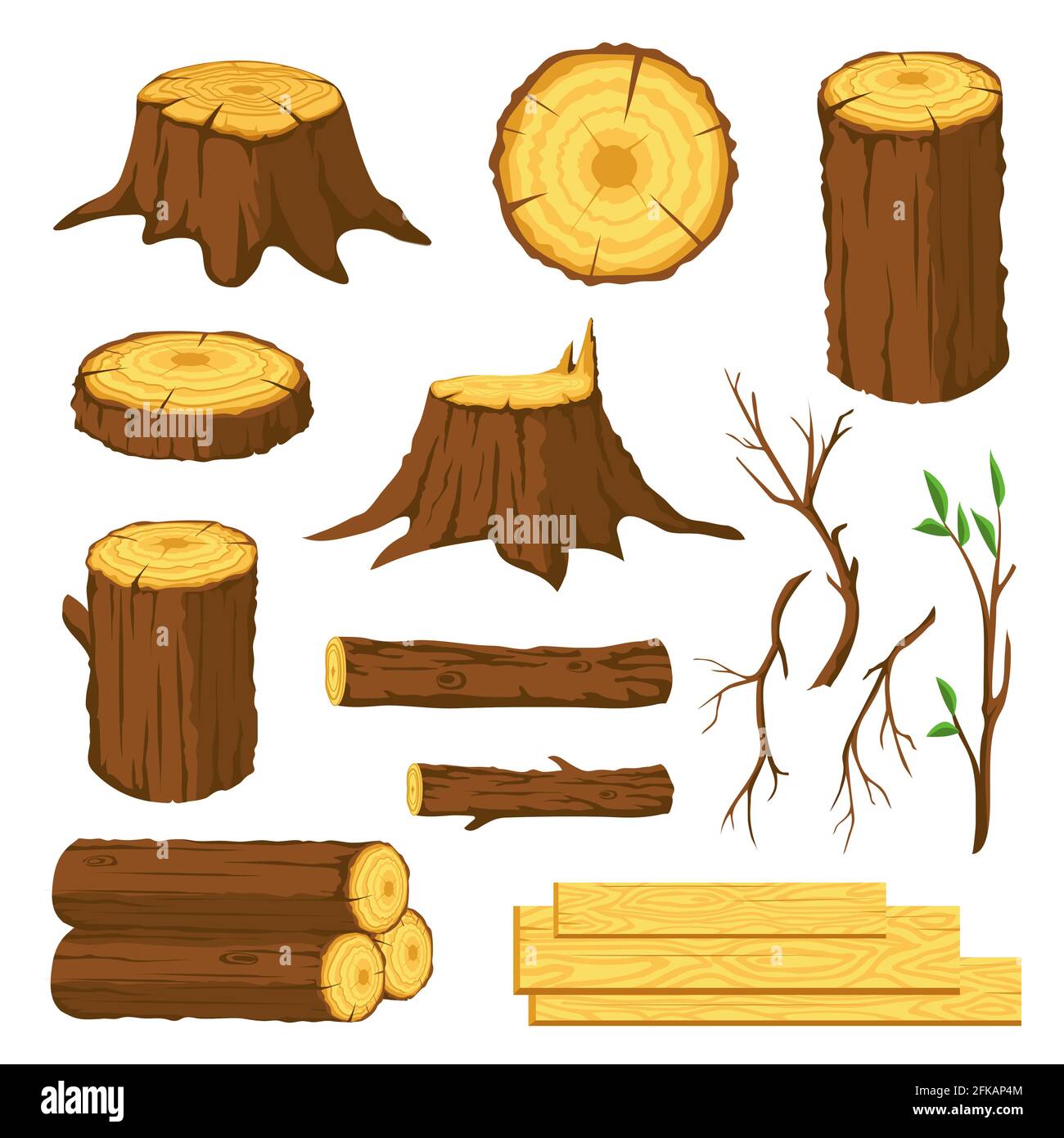 Holzstämme. Brennholz, Baumstümpfe mit Ringen, Stämmen, Ästen und Zweigen. Holzindustrie Forststoffe. Holzbohlen, Holzvektor-Set Stock Vektor