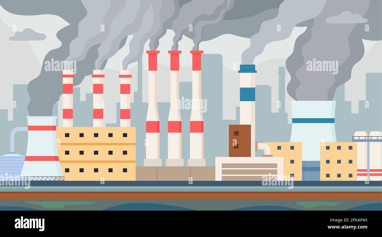 Schmutzige Fabrik. Luft und Wasser durch Industriesmog verschmutzt. Fabriken Schornstein mit giftigem Rauch verschmutzen die Umwelt. Schadstoffvektorkonzept Stock Vektor