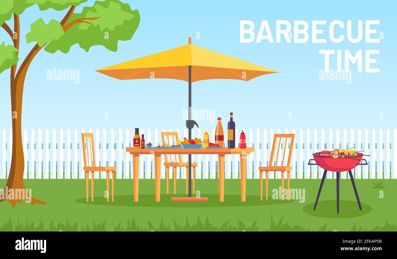 BBQ im Garten. Cartoon Sommer Outdoor-Garten Grillparty mit Möbeln, Sonnenschirm, Essen auf dem Grill. Home Picknick in Terrasse Vektorlandschaft Stock Vektor