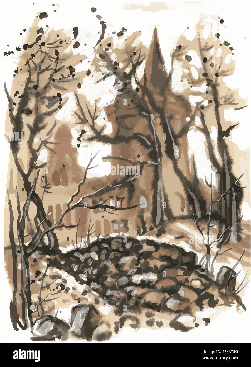Die Umrisse des alten Schlosses leuchten durch die Bäume. Ein Steinhaufen im Vordergrund. Skizze. Monochrom. Sepia. Stock Vektor