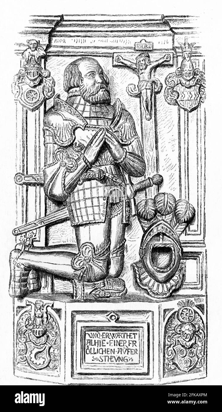 Das skulpturale Bild von Götz von Berlichingen auf seinem Grabstein im Kloster Schöntal. Alte Gravur. Gottfried 'Götz' von Berlichingen (1480. – 23. Juli 1562), auch bekannt als Götz der Eisernen Hand, war ein deutscher (fränkischer) Reichsritter, Söldner und Dichter. Er wurde um 1480 in die Adelsfamilie Berlichingen im heutigen Baden-Württemberg geboren. Götz kaufte 1517 das Schloss Hornberg und lebte dort bis zu seinem Tod 1562. Stockfoto