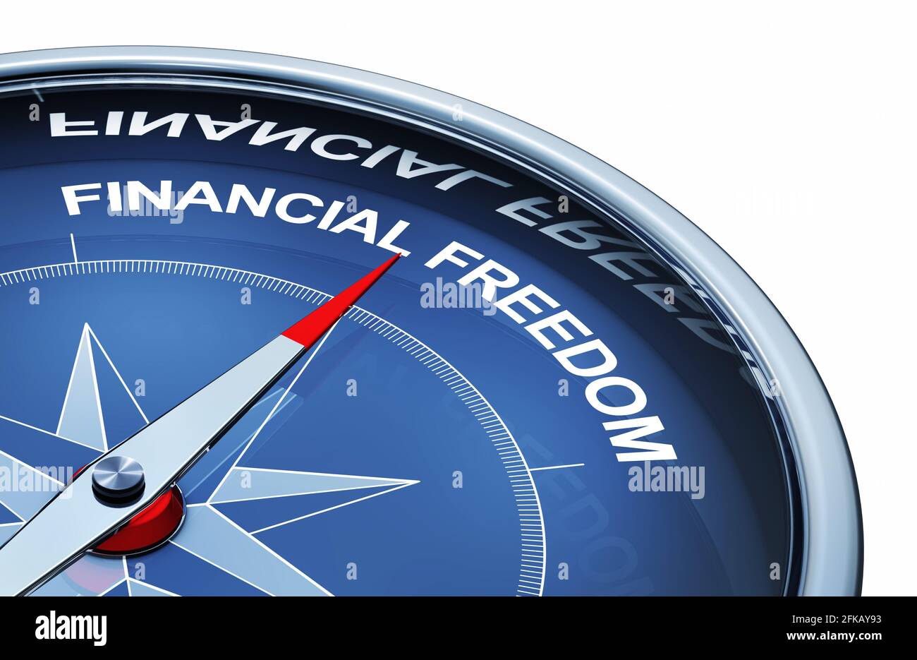 3D-Darstellung eines Kompasses mit den Worten finanzielle Freiheit Stockfoto