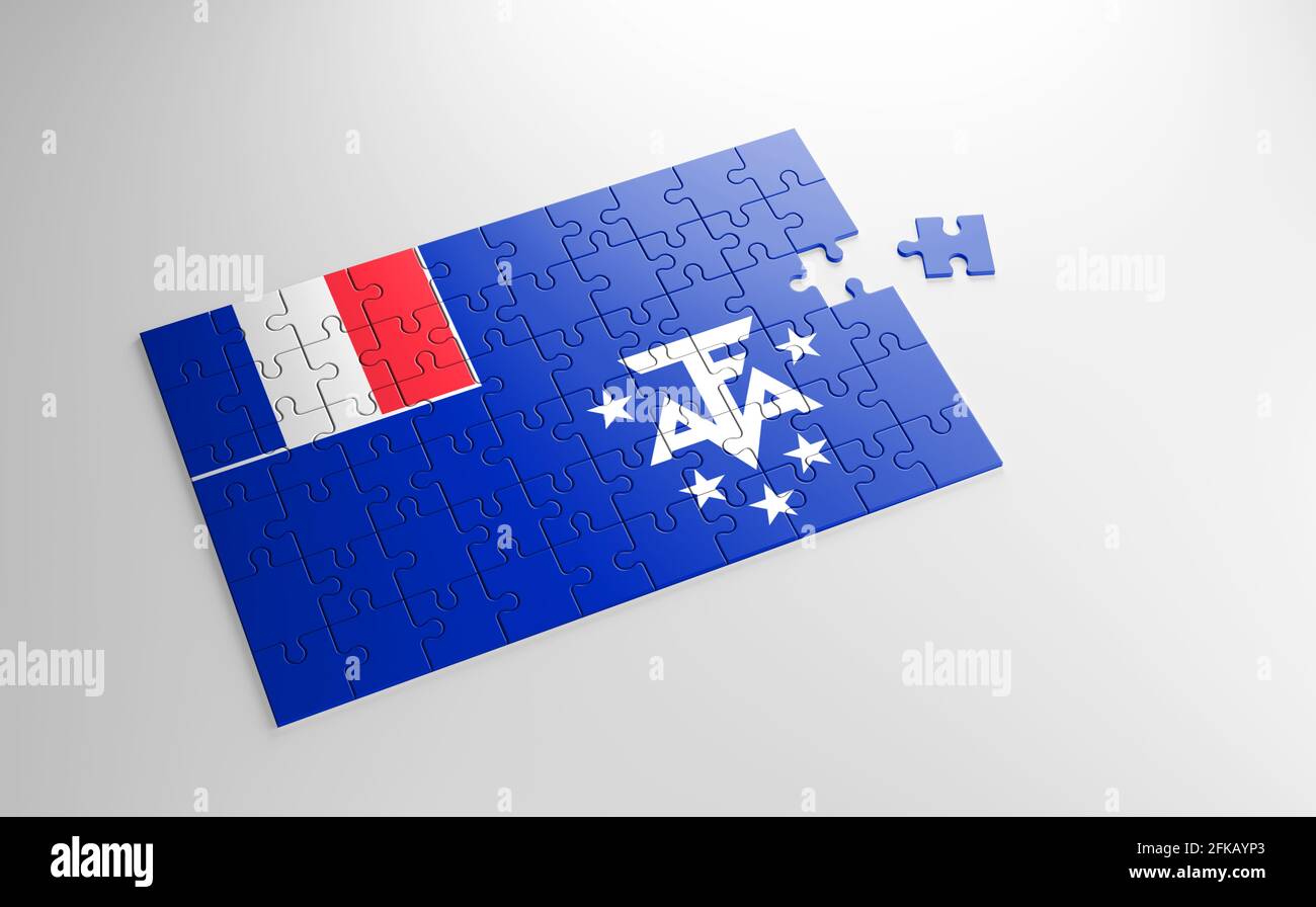 Ein Puzzle mit einem Druck der Flagge der südlichen und antarktischen Länder Frankreichs, Teile des Puzzles isoliert auf weißem Hintergrund. Erfüllung Stockfoto