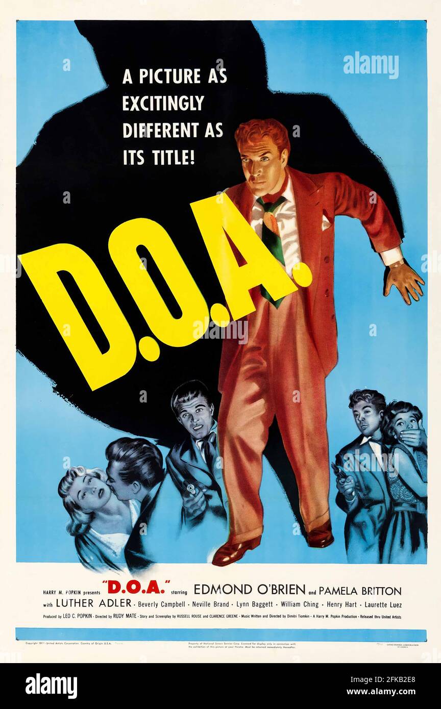 Filmplakat: D.O.A., amerikanischer Film noir, veröffentlicht 1950, der für seine geniale Handlung bekannt war. Stockfoto