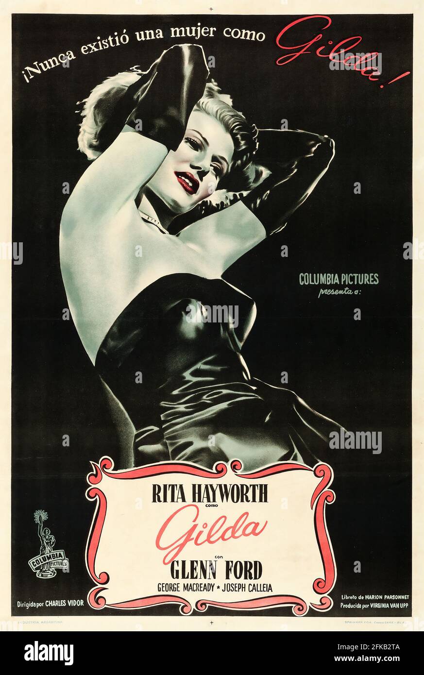 Filmplakat: Gilda ist ein amerikanischer Film Noir aus dem Jahr 1946 unter der Regie von Charles Vidor mit Rita Hayworth in ihrer unverkennbaren Rolle und Glenn Ford. Stockfoto