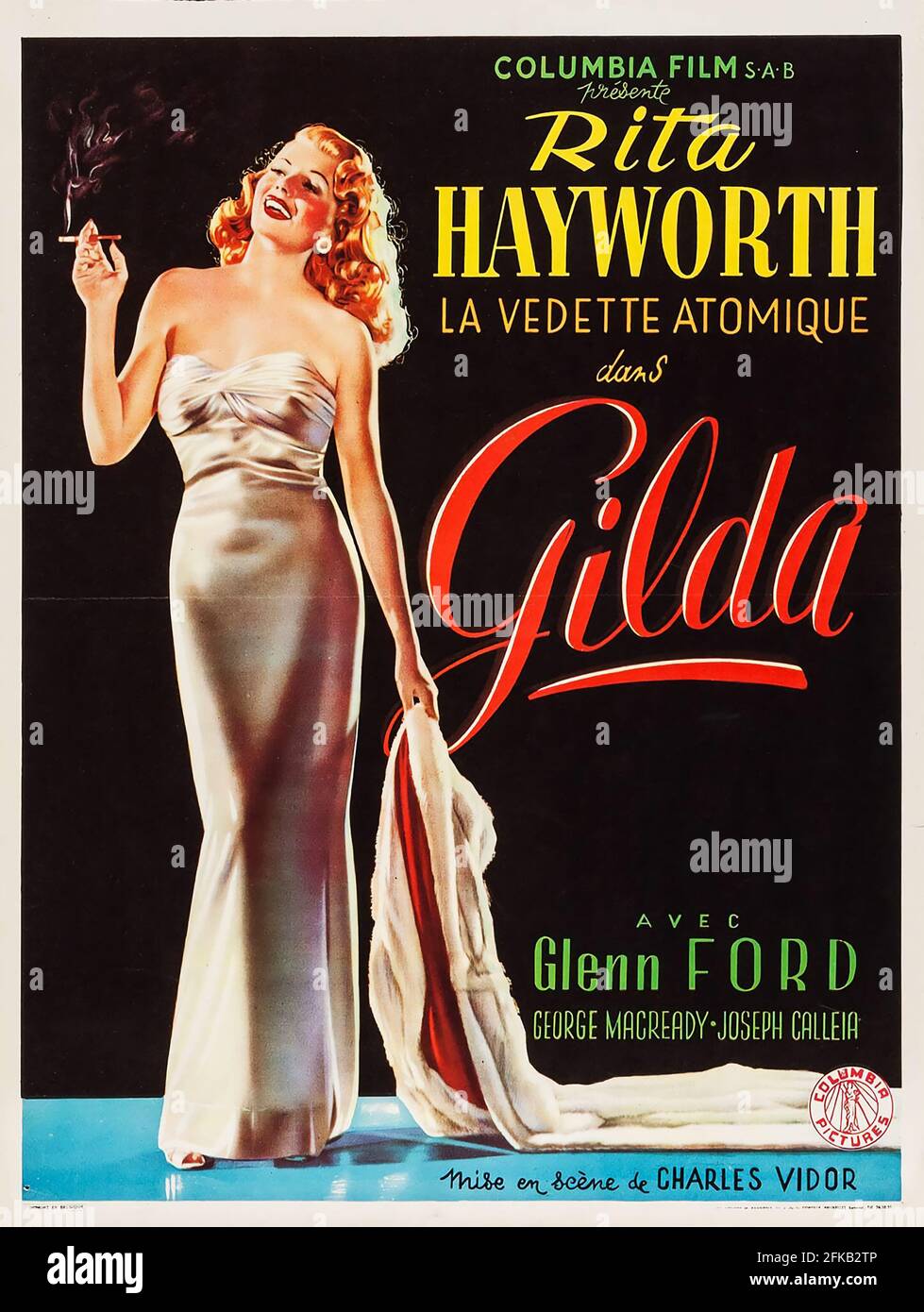 Filmplakat: Gilda ist ein amerikanischer Film Noir aus dem Jahr 1946 unter der Regie von Charles Vidor mit Rita Hayworth in ihrer unverkennbaren Rolle und Glenn Ford. Stockfoto