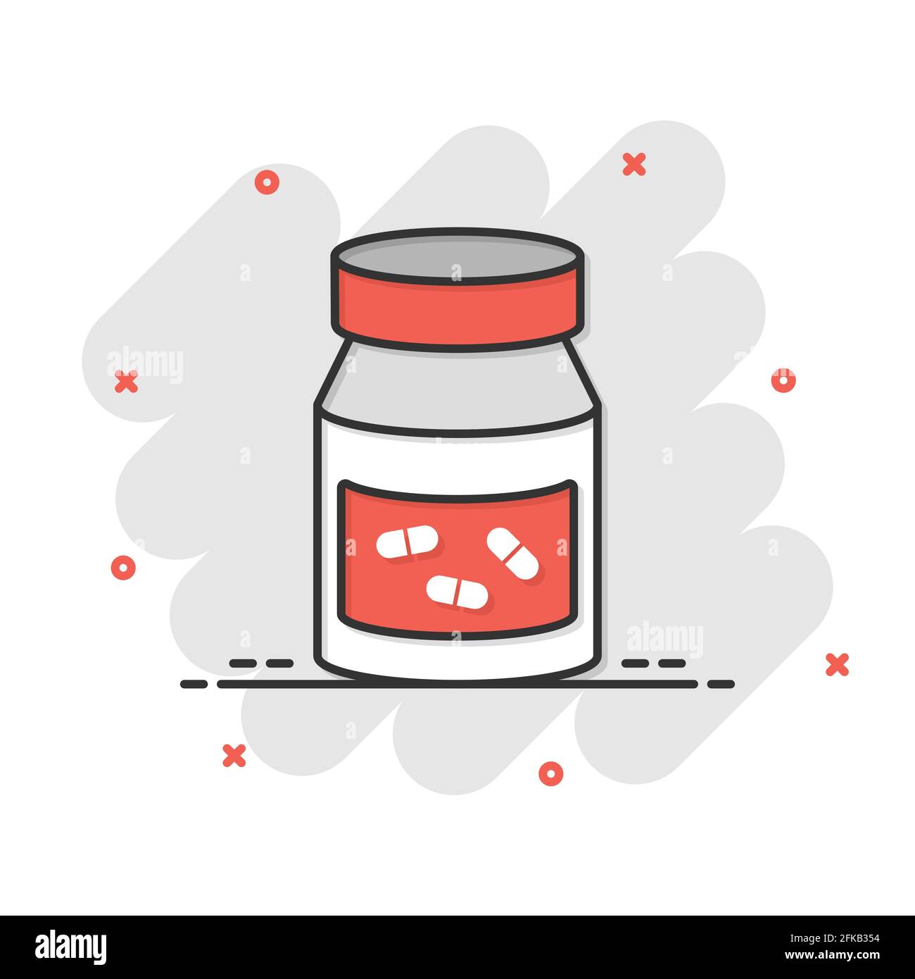 Pille Flasche Symbol im Comic-Stil. Drogen Cartoon Vektor-Illustration auf weißem isolierten Hintergrund. Pharmazie Splash-Effekt Geschäftskonzept. Stock Vektor