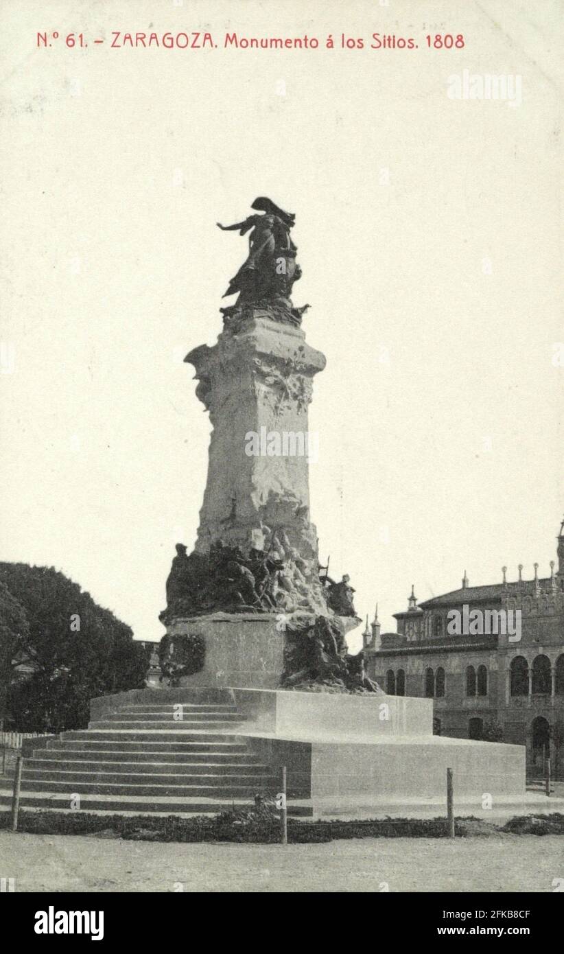 Halbinselkampagne: Seige von Zaragoza. Auf dem Stadtplatz befindet sich ein Denkmal, das den Märtyrern des spanischen Widerstands gewidmet ist, der Napoleon I. 1808 Paris, Fondation Napoléon Stockfoto