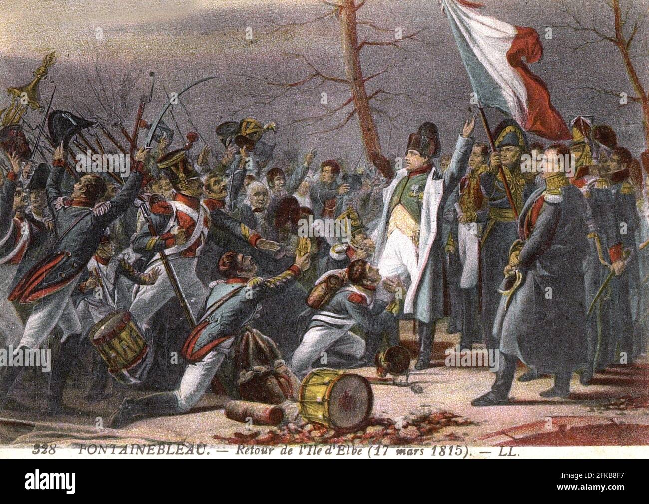 Napoleon I. kehrt von der Insel Elba zurück. Napoleon I. wurde von seinen Soldaten in Fontainebleau begrüßt. März 1815. Paris, Fondation Napoléon Stockfoto