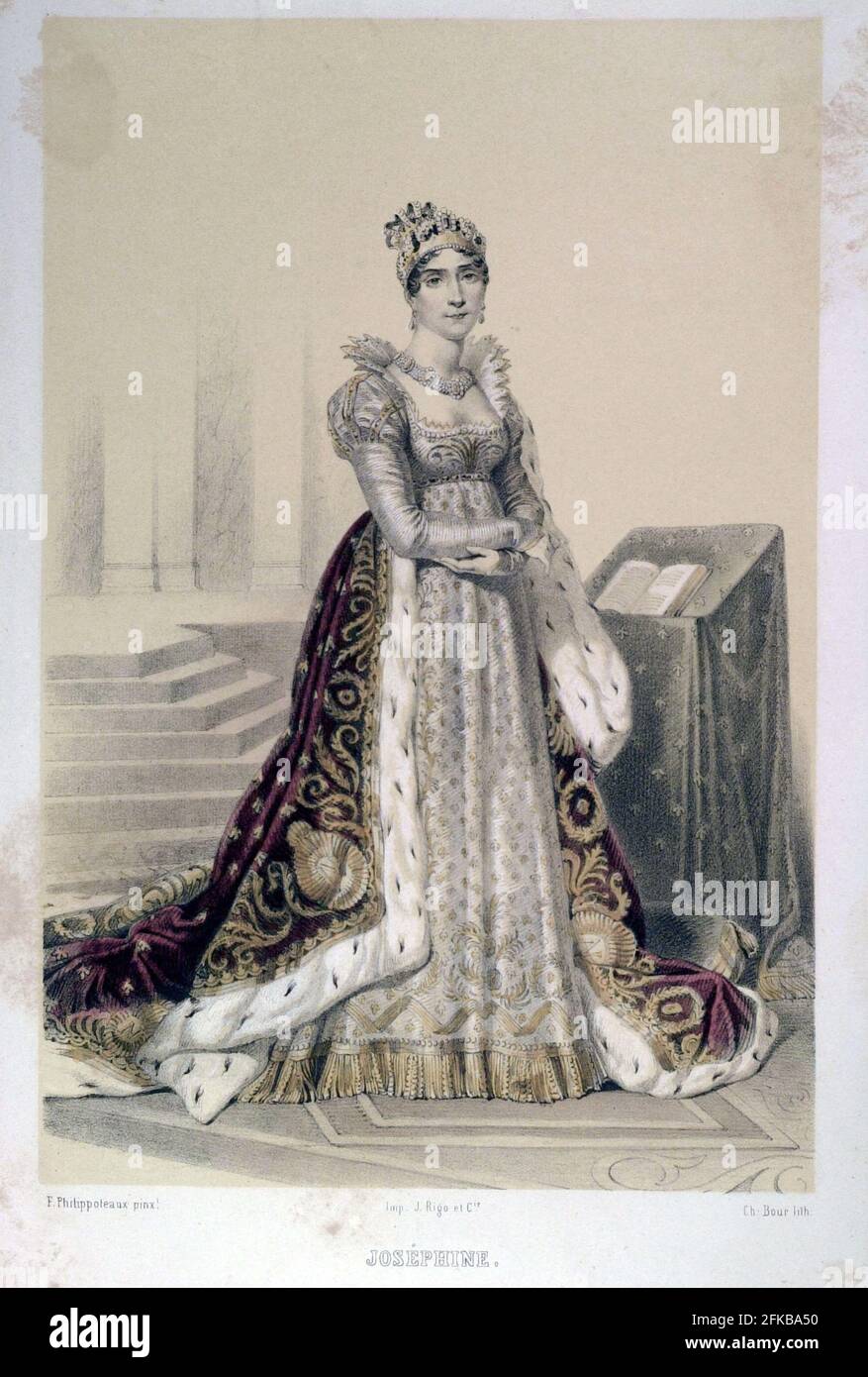 Kaiserin Joséphine. 1763-1814. In ihrem Krönungskleid. Le siècle de Napoléon (das Zeitalter Napoleons) Gemälde von F. Philippoteaux. Lithographie von Ch. Bour. 1846. Stockfoto