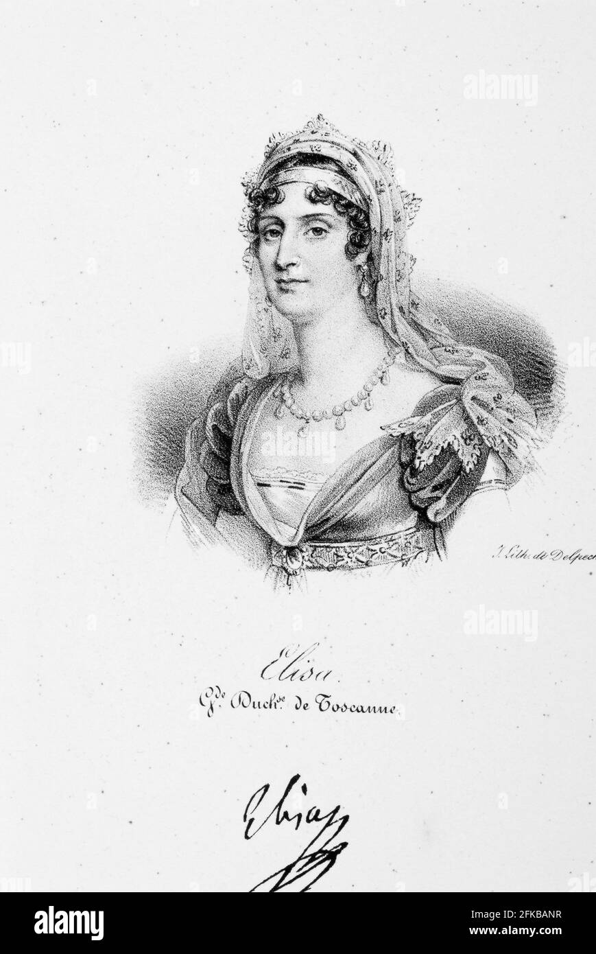 Porträt von Elisa Bonaparte (1777-1820), Großherzogin der Toskana, Schwester von Napoleon Bonaparte. Iconographie des contemporains depuis 1789 jusqu'à 1829, Tomé Premier, Paris, Delpech, 1833. Stockfoto