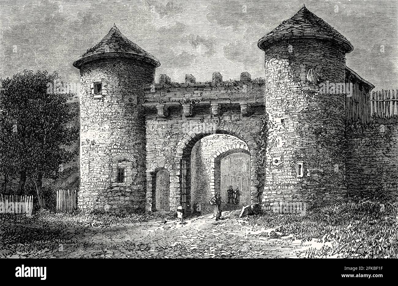 Blick auf die Porte du Val, Stadttor in Flavigny-sur-Ozerain, Frankreich, 19. Jahrhundert Stockfoto