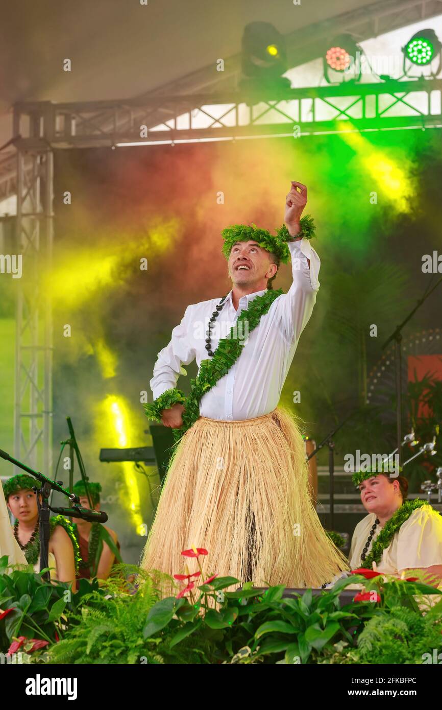 Ein hawaiianischer Tänzer mit Grasrock tritt auf der Bühne beim Pasifika Festival auf, einem Fest der Kultur der Pazifikinsel. Auckland, Neuseeland Stockfoto