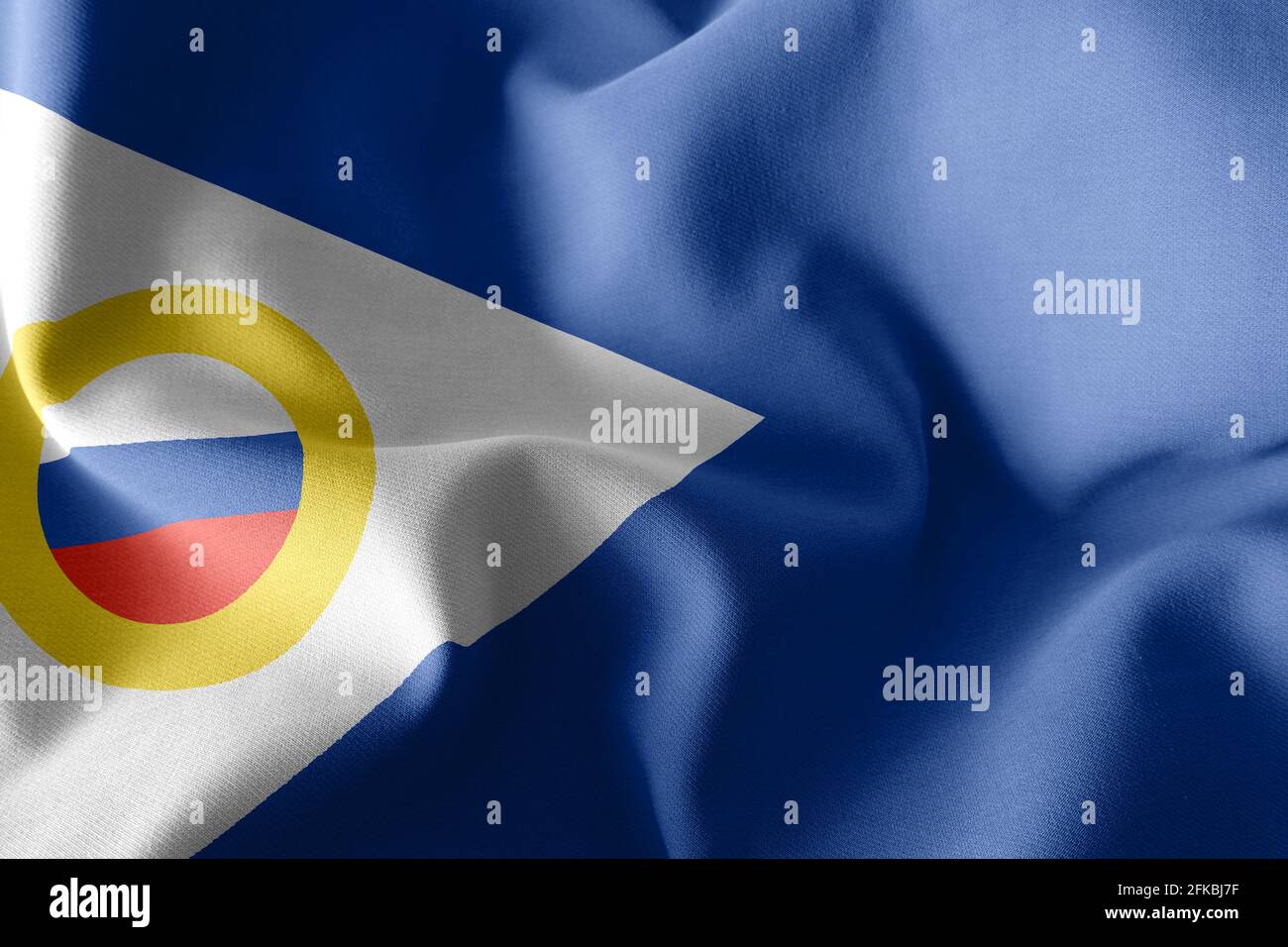 3D-Illustration Flagge von Tschukotka Autonomen Okrug ist eine Region von Russland. Winken auf dem textilen Hintergrund der Windfahne Stockfoto