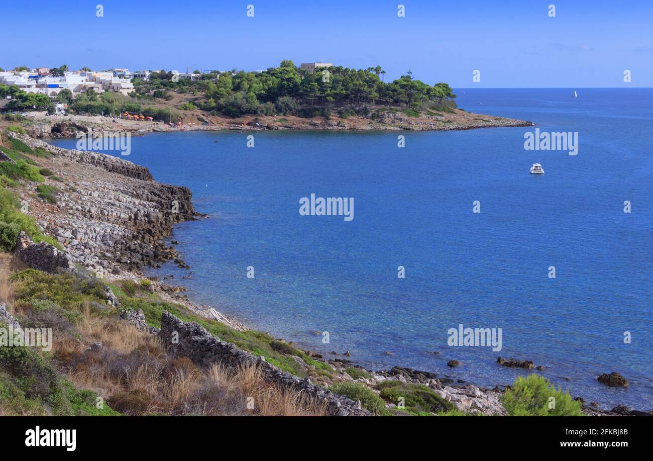 Die Marina San Gregorio mit ihren unberührten Meeresbeeten, dem blauen Meer und der felsigen Küste bietet einen herrlichen Blick entlang der Küste von Patù in Salento. Stockfoto
