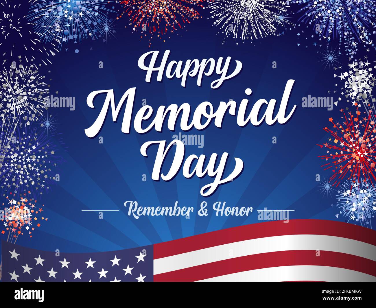 Happy Memorial Day, Remember & Honor Schriftzug und Feuerwerk. Feier-Design für amerikanische Ferien mit USA-Flagge und Text auf Gruß Hintergrund Stock Vektor
