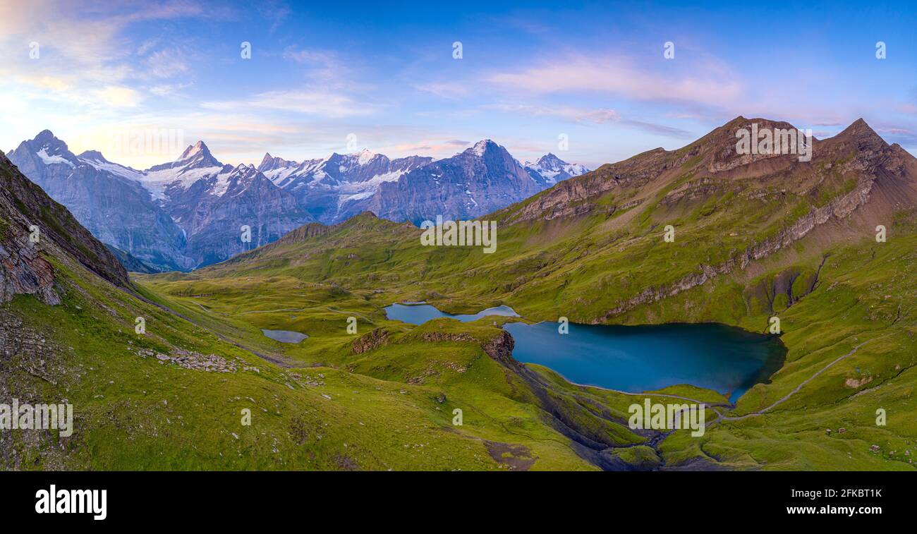Sonnenaufgang über Wetterhorn, Schreckhorn und Finsteraarhorn vom Bachalpsee, Grindelwald, Berner Oberland, Schweiz, Europa Stockfoto