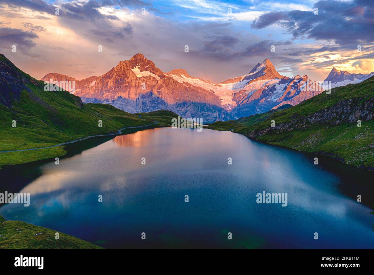 Wetterhorn, Schreckhorn und Finsteraarhorn bei Sonnenuntergang vom Bachalpsee, Grindelwald, Berner Oberland, Schweiz, Europa Stockfoto