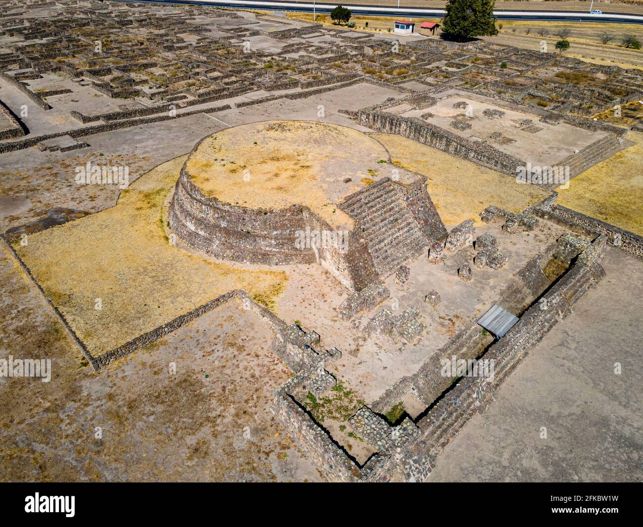 Luftaufnahme der mesoamerikanischen archäologischen Stätte Tecoaque, Tlaxcala, Mexiko, Nordamerika Stockfoto