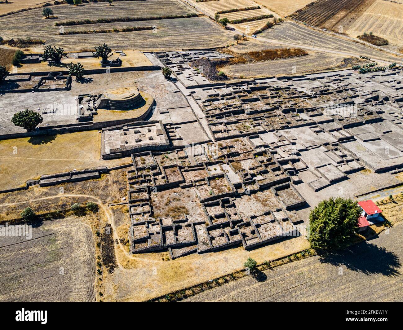 Luftaufnahme der mesoamerikanischen archäologischen Stätte Tecoaque, Tlaxcala, Mexiko, Nordamerika Stockfoto