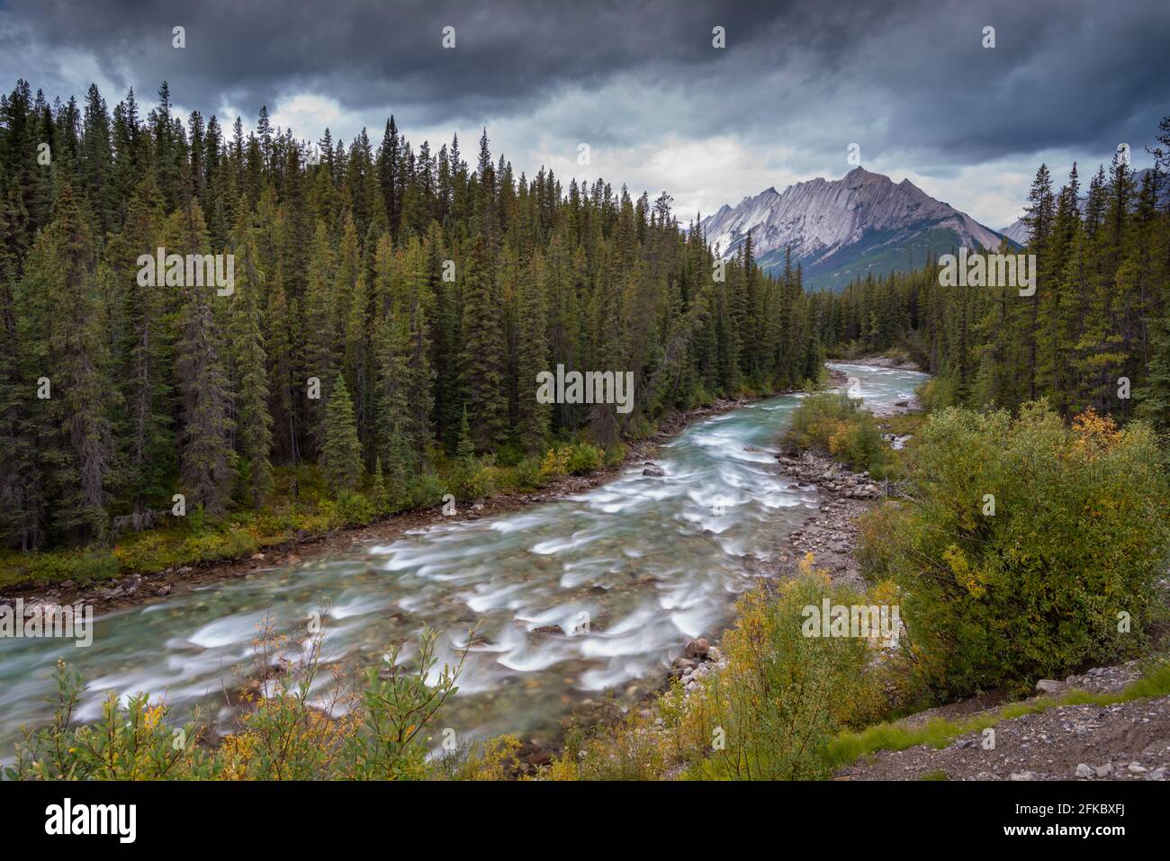 Der Maligne River schlängelt sich durch die kanadischen Rockies, den Jasper National Park, das UNESCO-Weltkulturerbe, Alberta, Kanada, Nordamerika Stockfoto