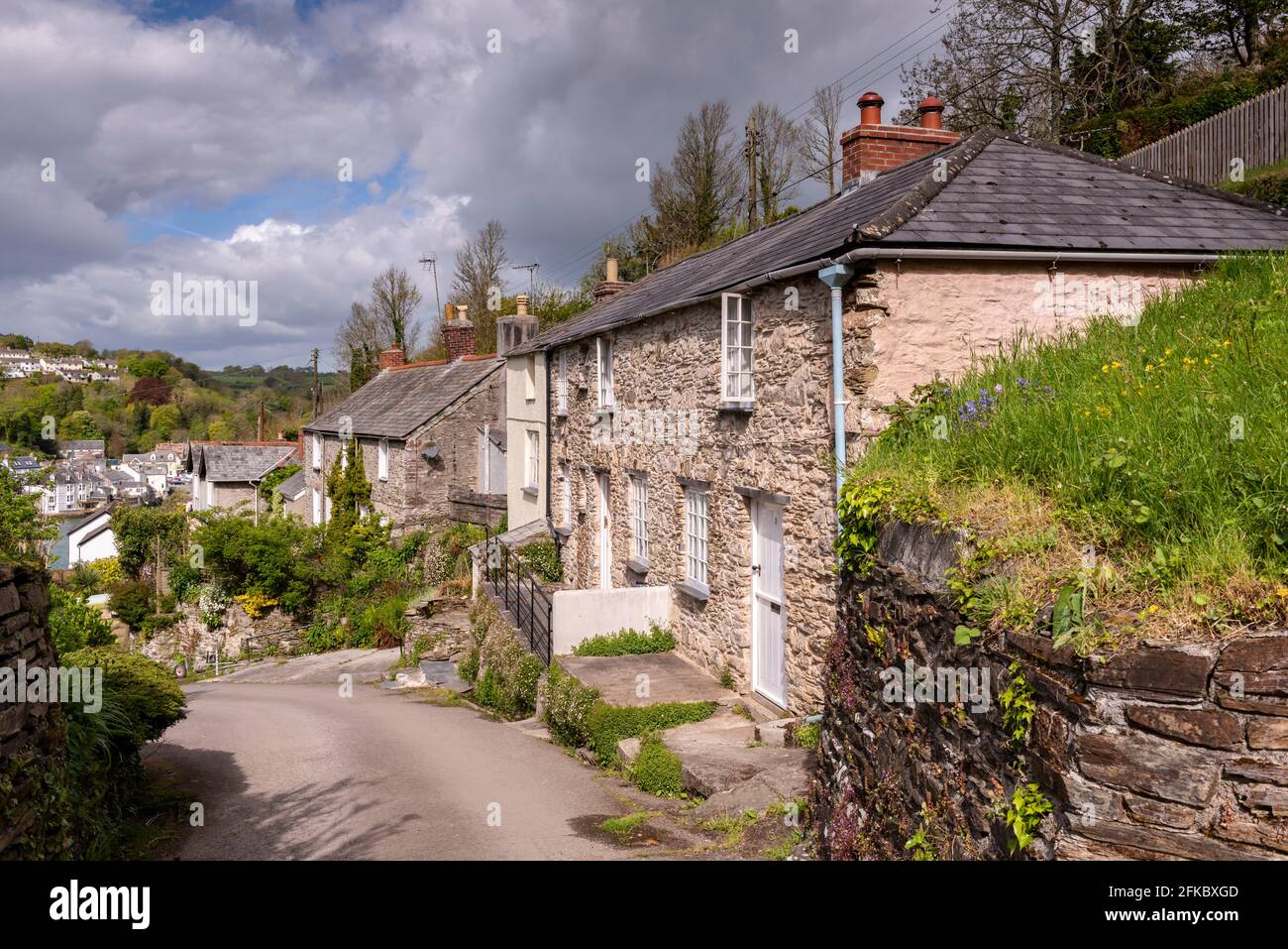 Hübsche Ferienhäuser im Frühling im kornischen Dorf Bodinnick in der Nähe von Fowey, Cornwall, England, Großbritannien, Europa Stockfoto