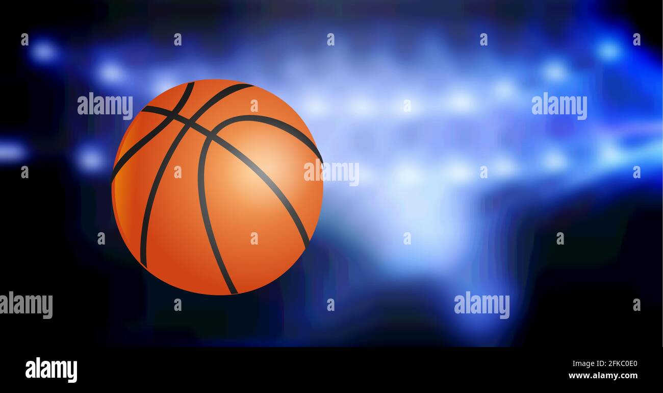 Komposition von Basketball in der Luft über strahlend blauen Scheinwerfer Basketballarena Stockfoto