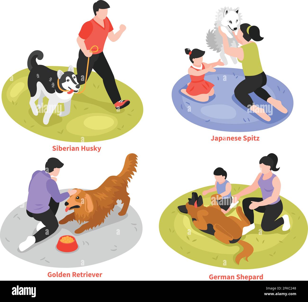 Isometrisches Design-Konzept für Hundebesitzer eines Tages mit einem anderen Hund Rassen und menschliche Charaktere der Meister Vektor-Illustration Stock Vektor