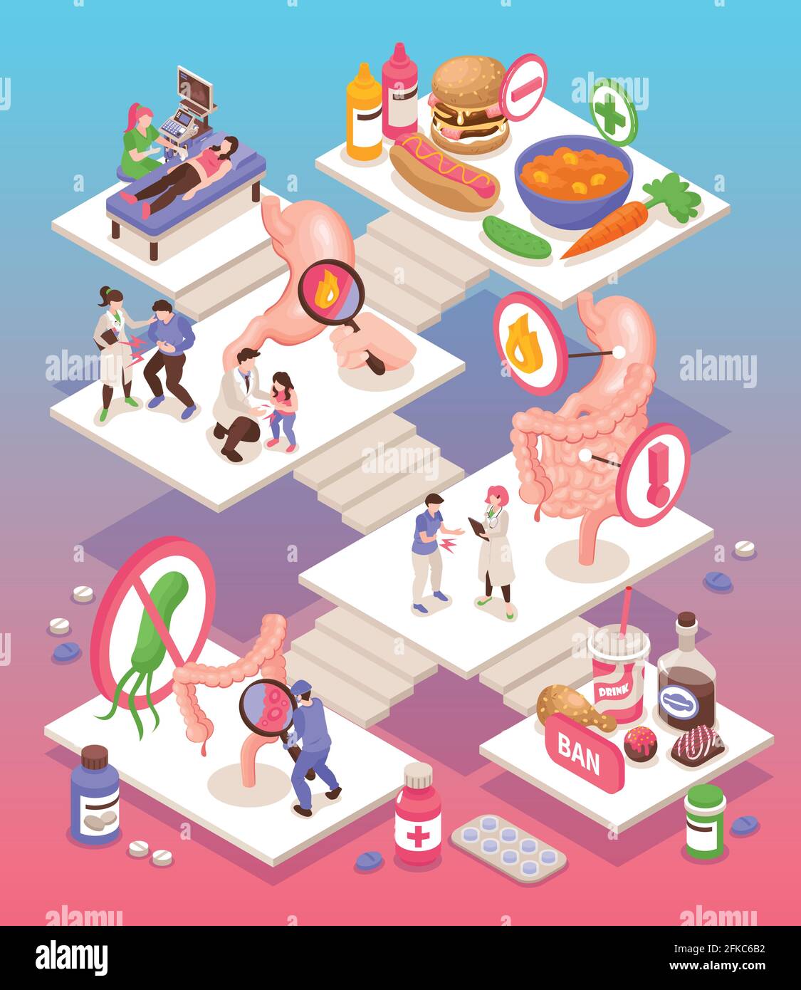 Isometrische gastroenterologische Zusammensetzung mit Magenschmerzen Magenbehandlung Junk Food Und Fast-Food-Medikamente Stock Vektor