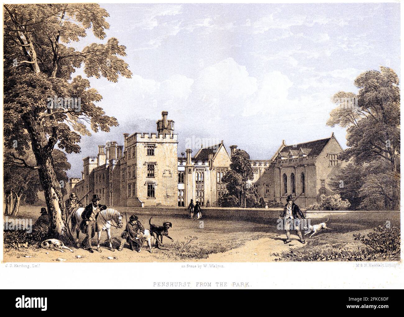 Eine Lithotinta von Penshurst Place aus dem Park, Kent UK, scannte mit hoher Auflösung aus einem Buch, das 1858 gedruckt wurde. Für urheberrechtlich frei gehalten. Stockfoto