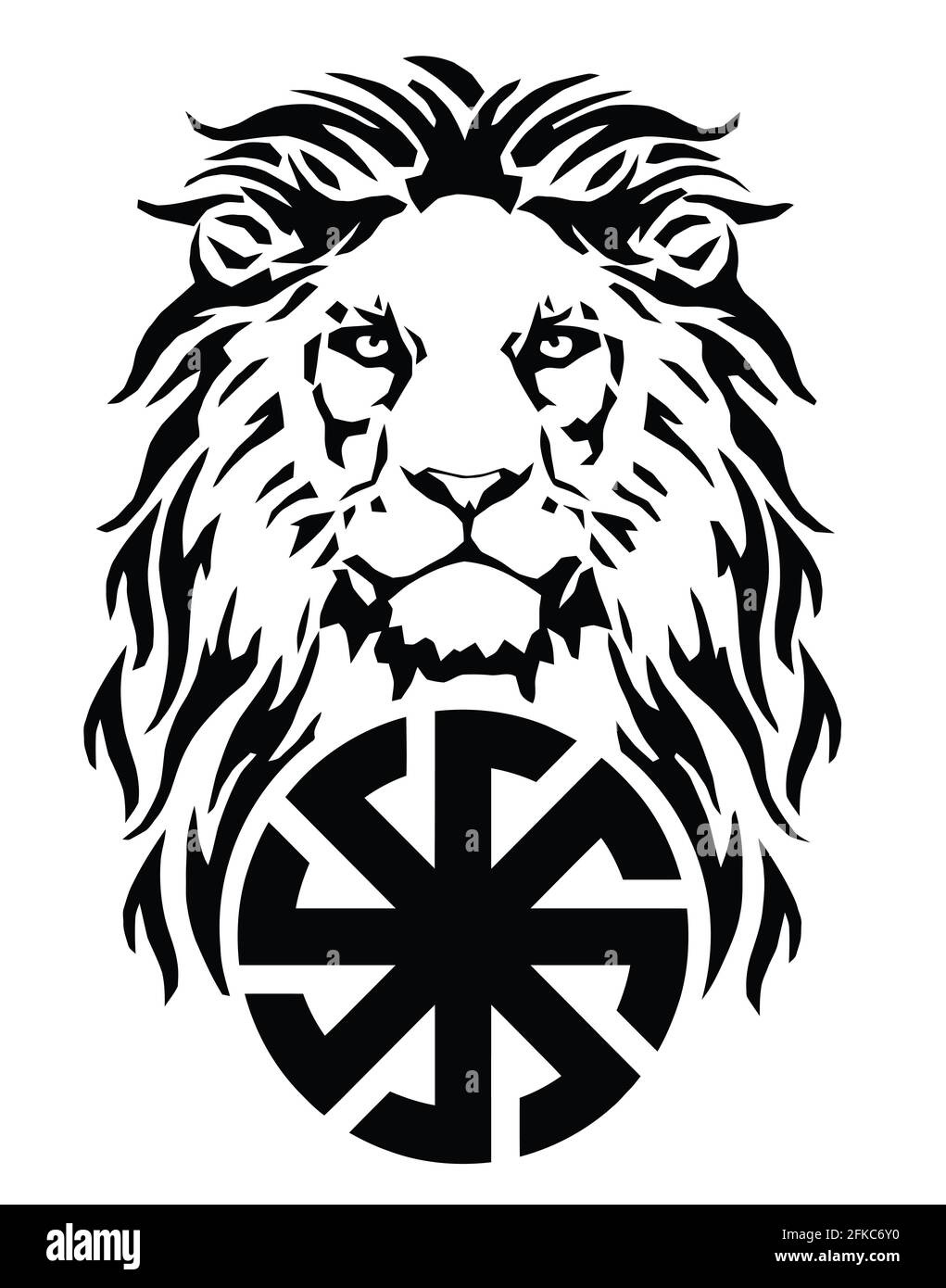 Löwenkopf und keltisches Kreuz, Zeichnung für Tattoo, auf weißem Hintergrund, Illustration, schwarz und weiß Stockfoto