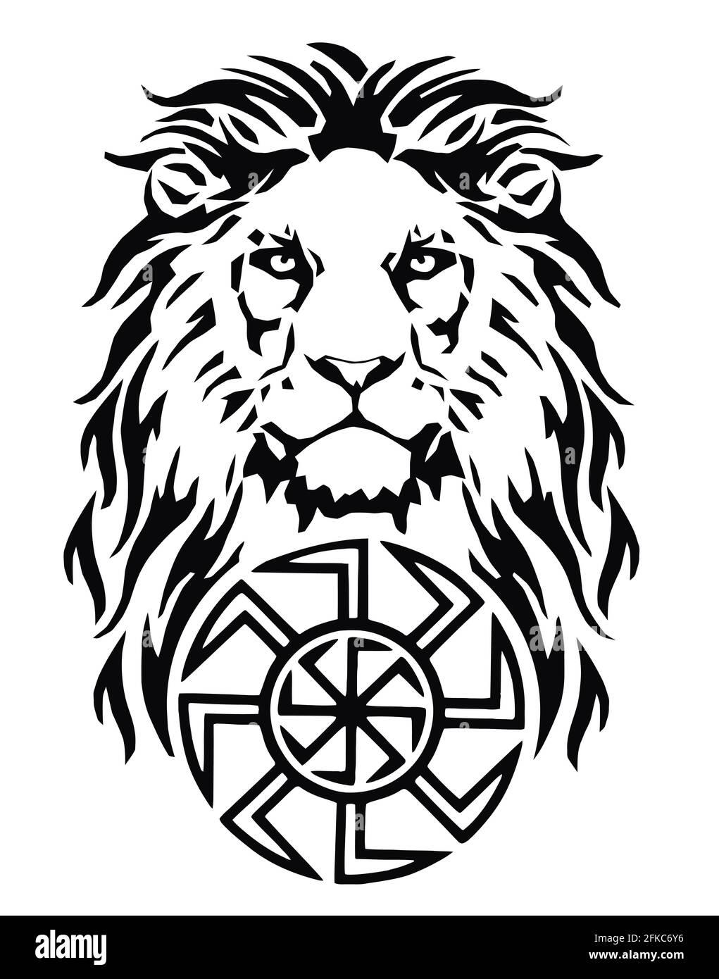 Löwenkopf und keltisches Kreuz, Zeichnung für Tattoo, auf weißem Hintergrund, Illustration, schwarz und weiß Stockfoto