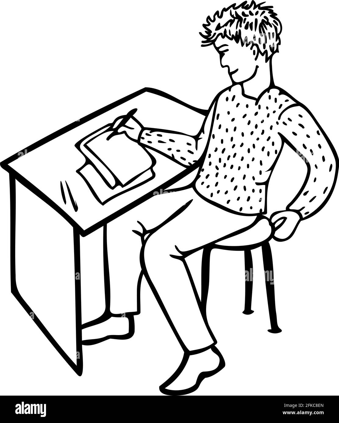 Vektor Schwarz-Weiß-Illustration eines glücklichen Mannes, der schreibt oder zeichnet, während er an einem Tisch sitzt. Zufriedener Schöpfer. Stock Vektor